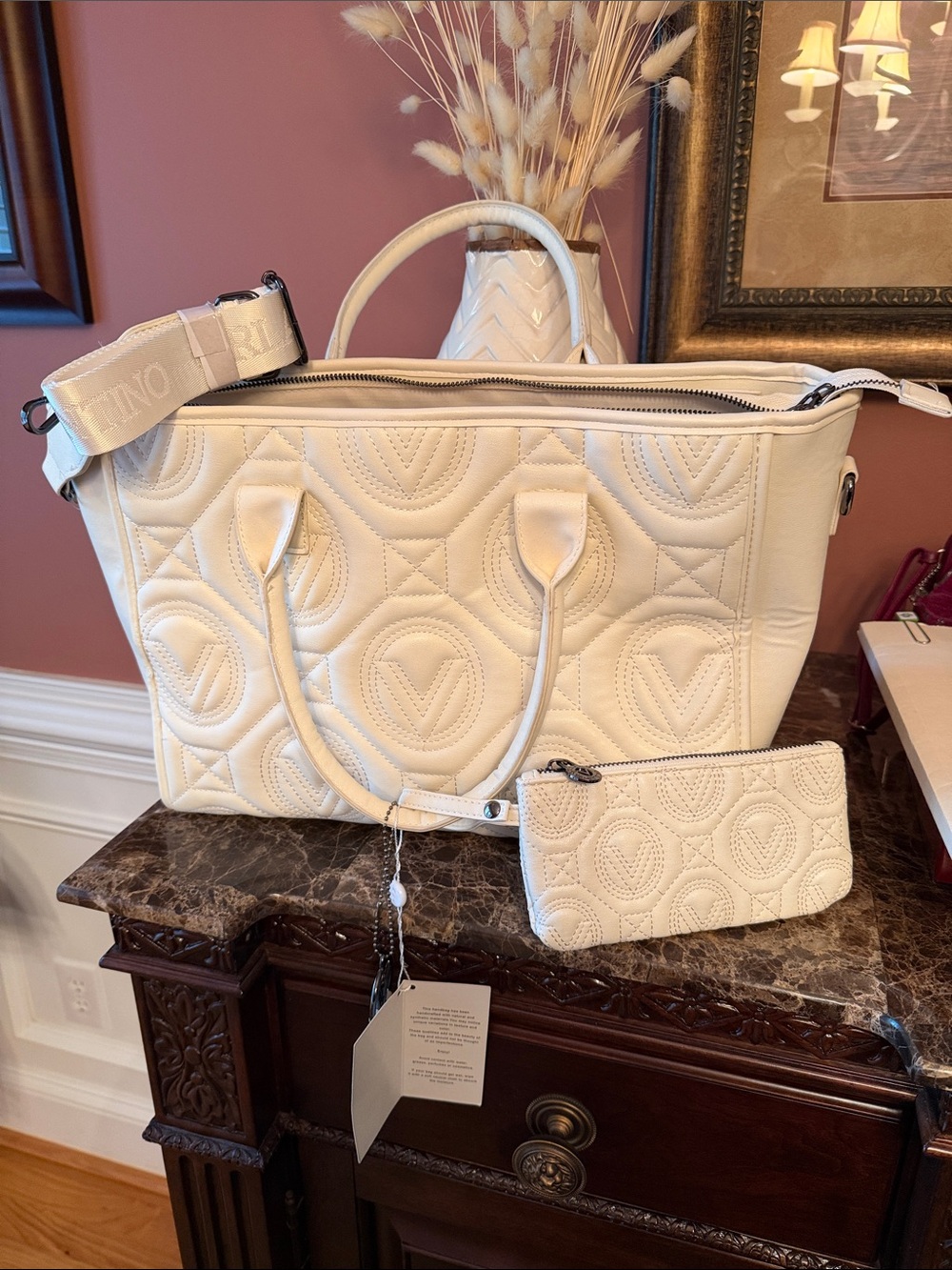 Valentino Orlandi Cream Quilted Tote with Matching Wristlet NWT has a charm